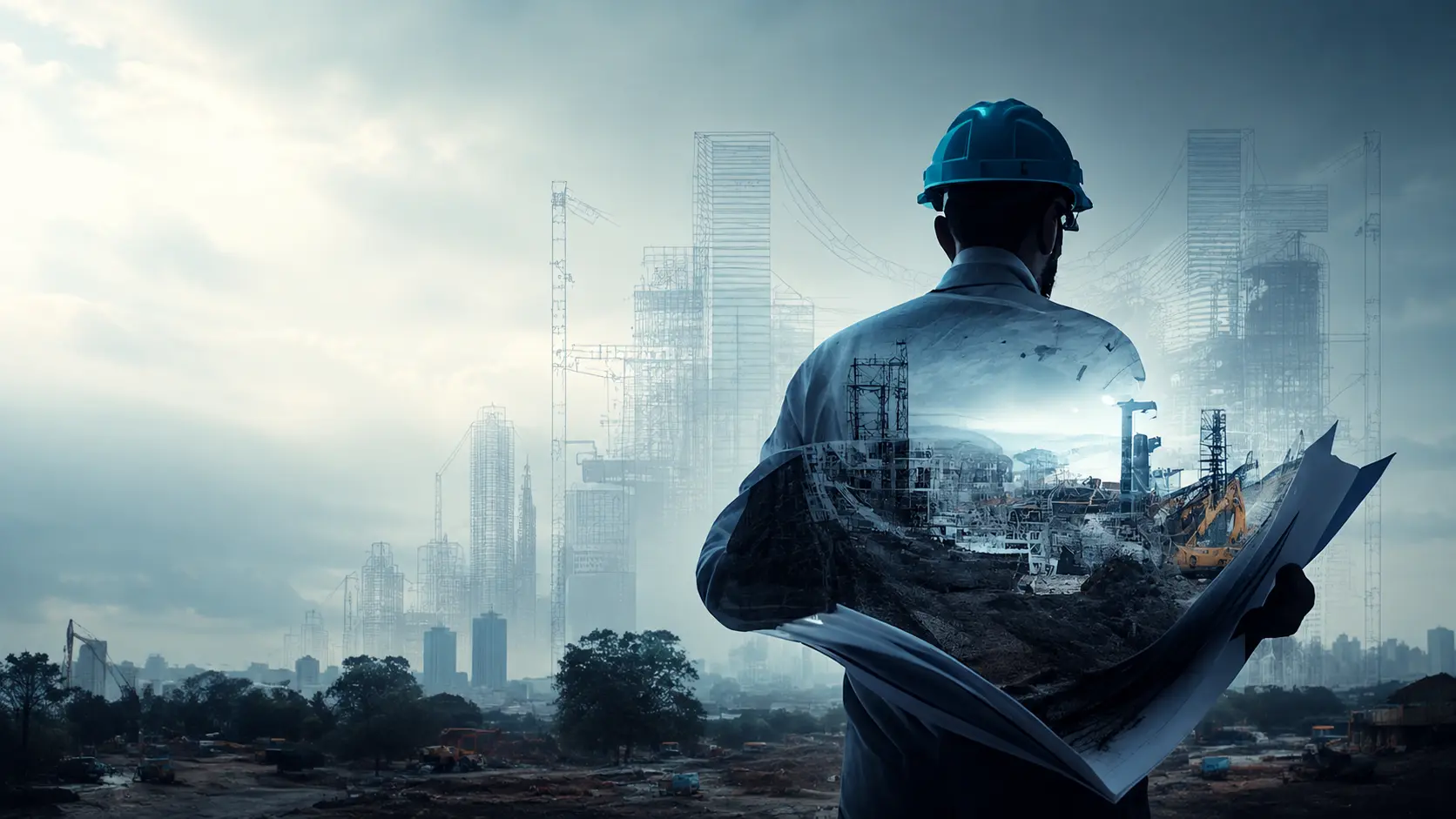 Site engineer reviewing construction drawings against a city skyline