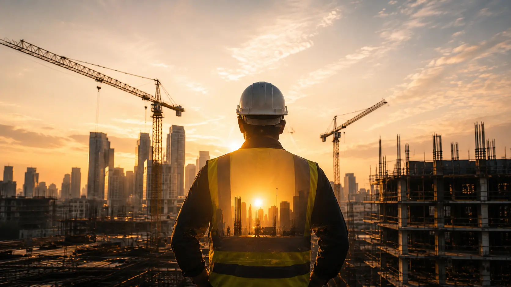 Construction supervisor overlooking a structural site at sunrise