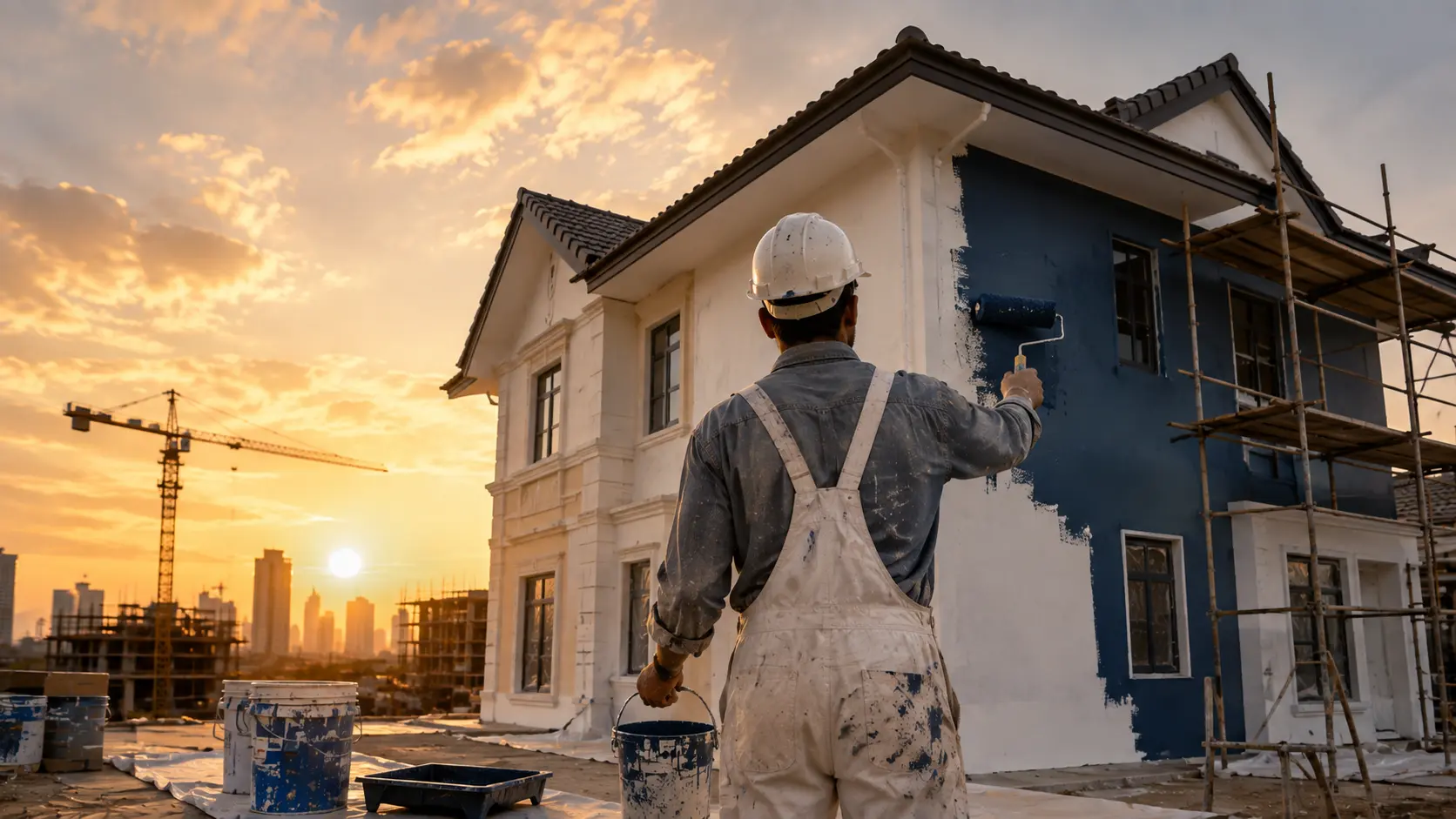 Painter applying a deep blue finish coat to a house exterior at sunset