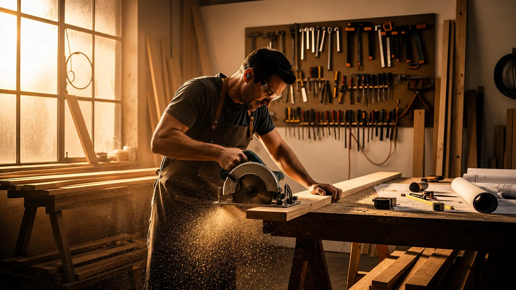 Carpenter cutting timber with a circular saw in a sunlit workshop