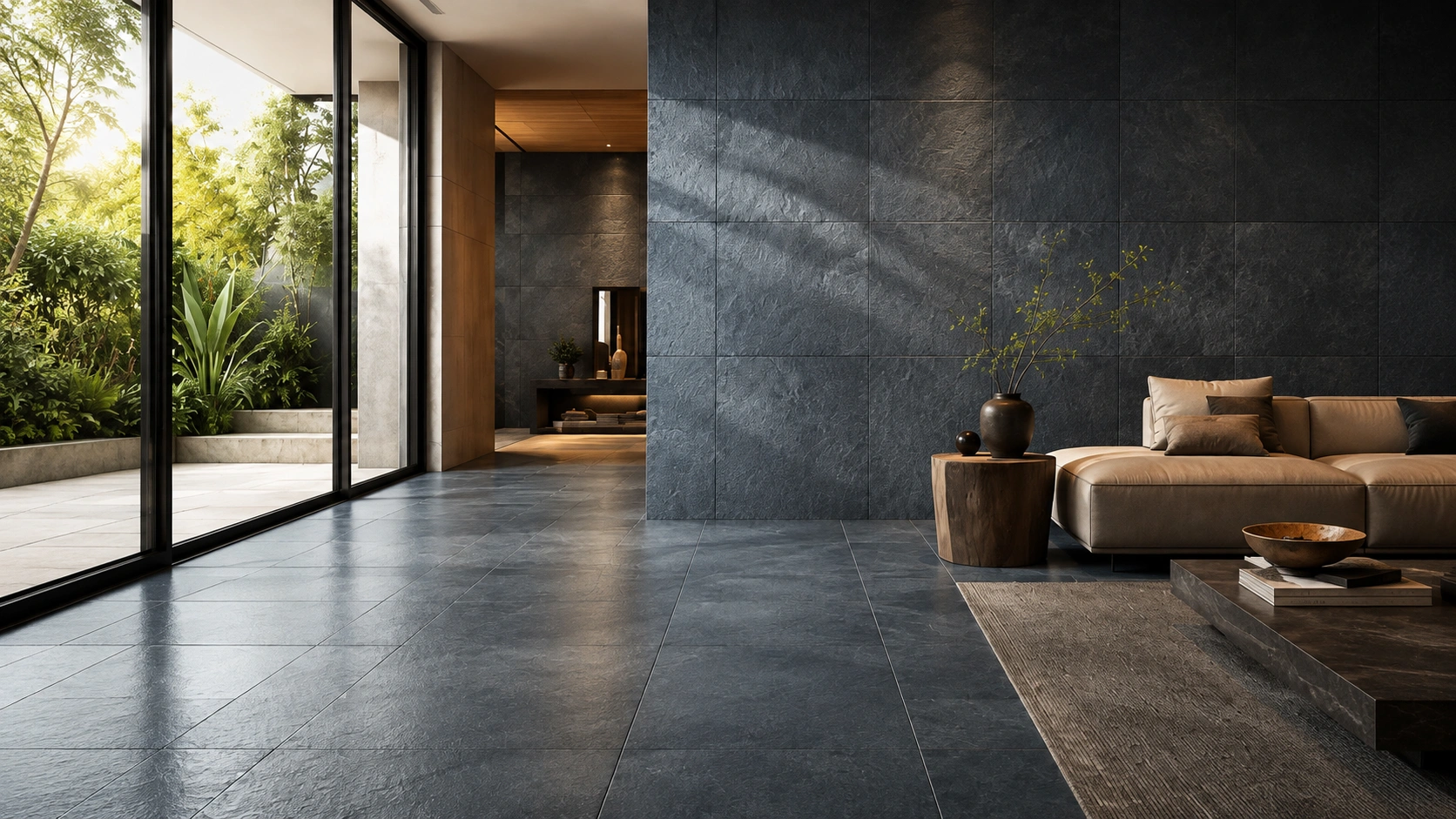 Contemporary living space finished in large-format dark stone tiles