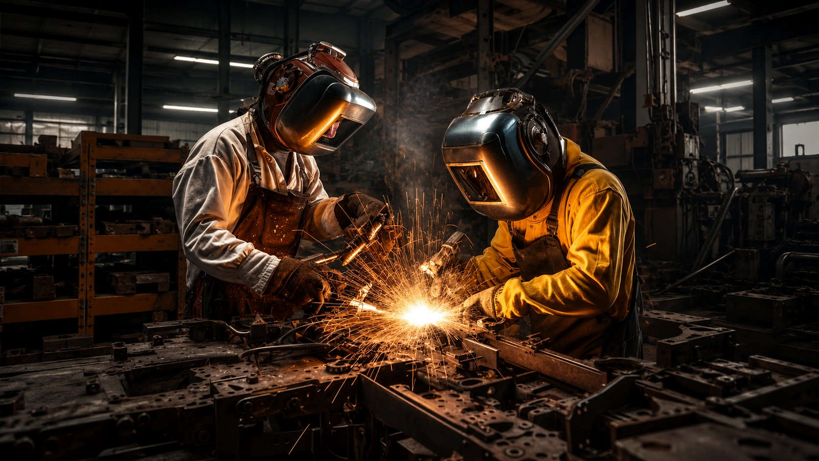 Two welders fabricating a steel assembly in a workshop