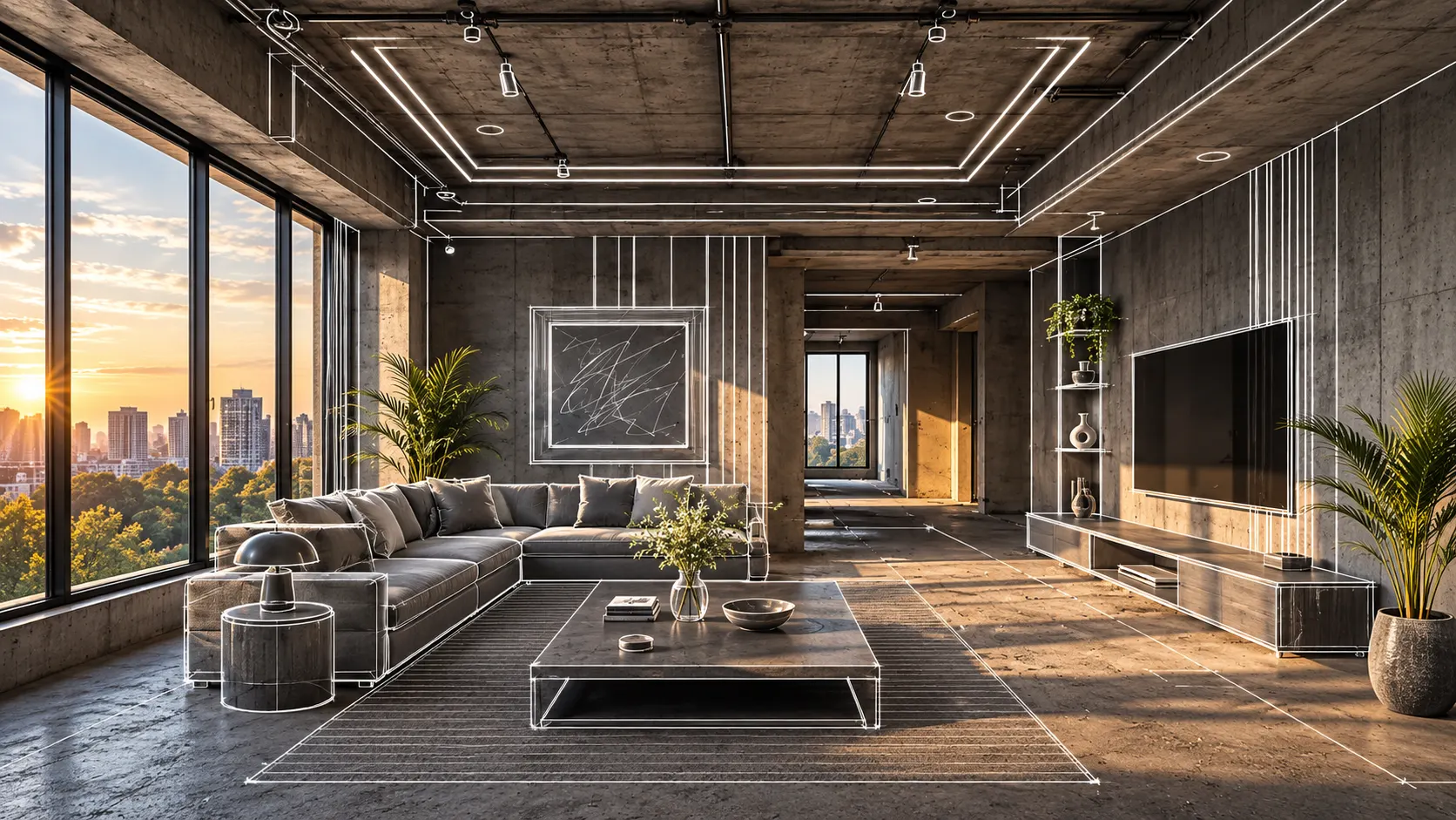 Interior living space shown with design linework overlaid on the finished room