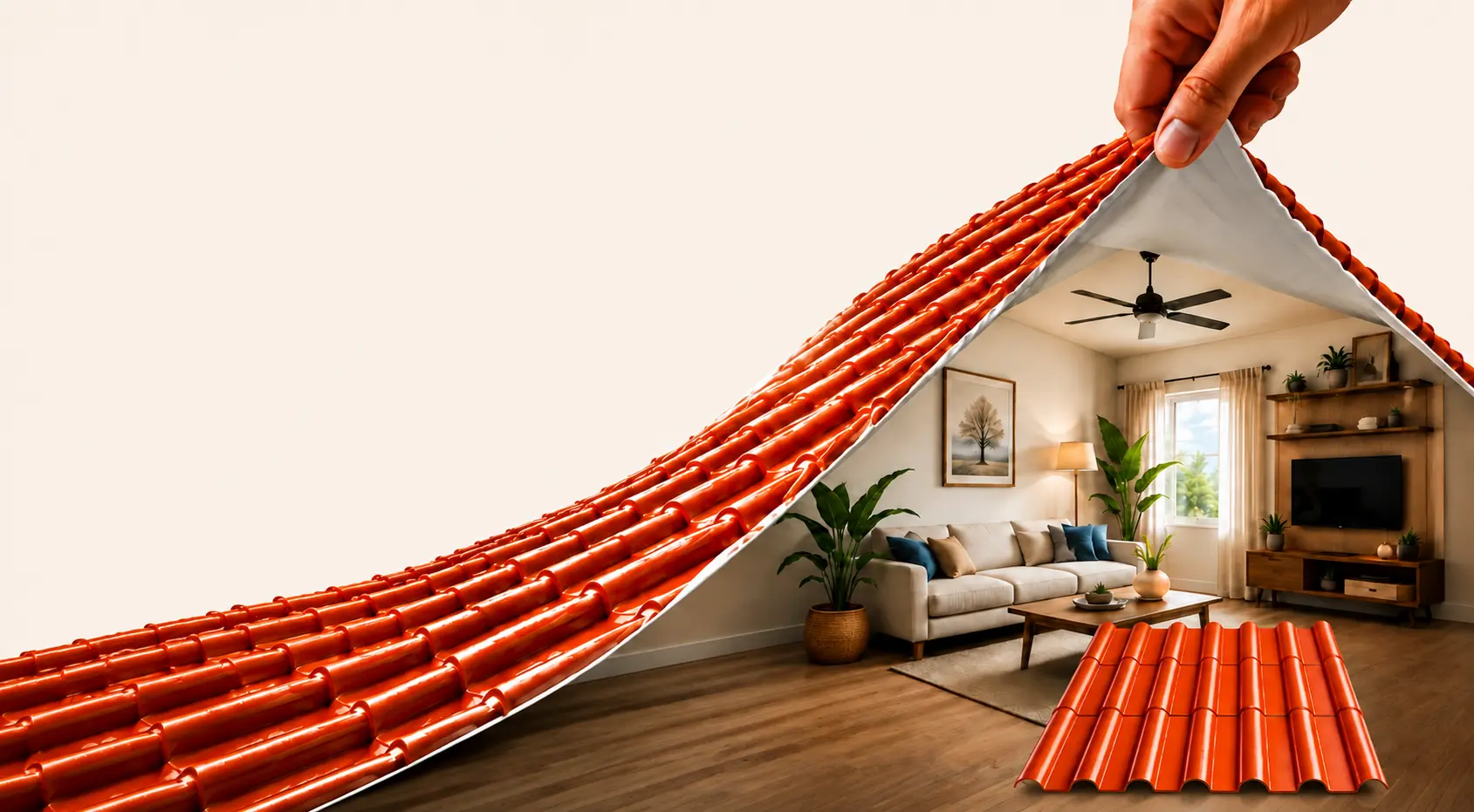 UPVC tile roofing sheet lifted to reveal a cool living room beneath