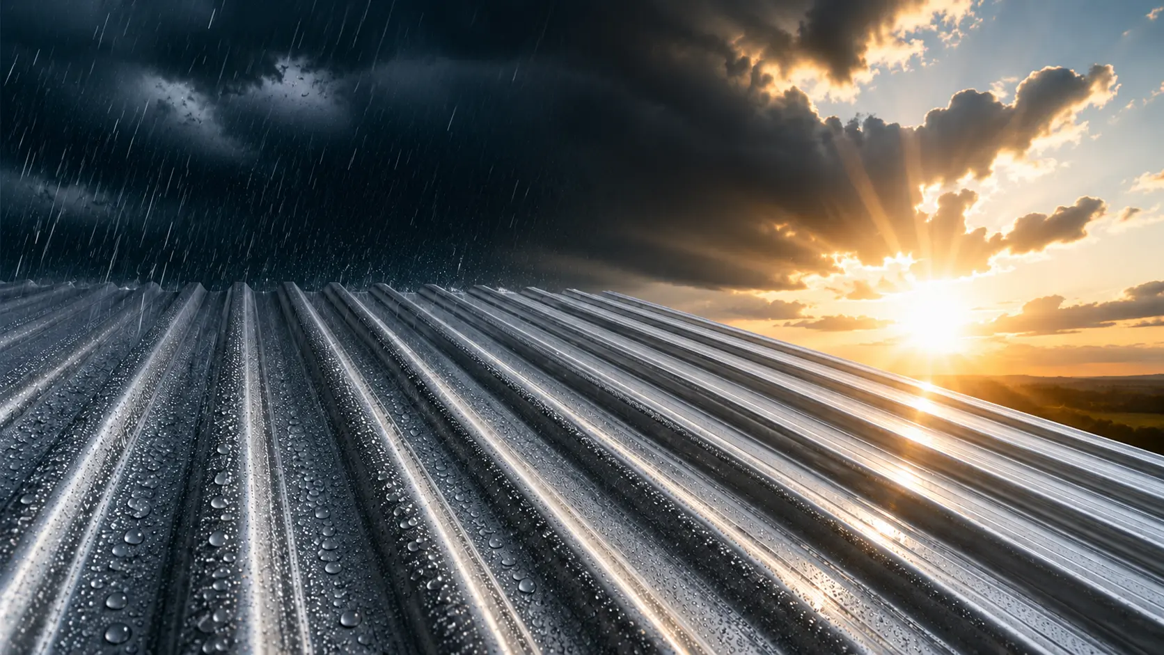 Metal roofing sheet under heavy rain on one side and bright sun on the other