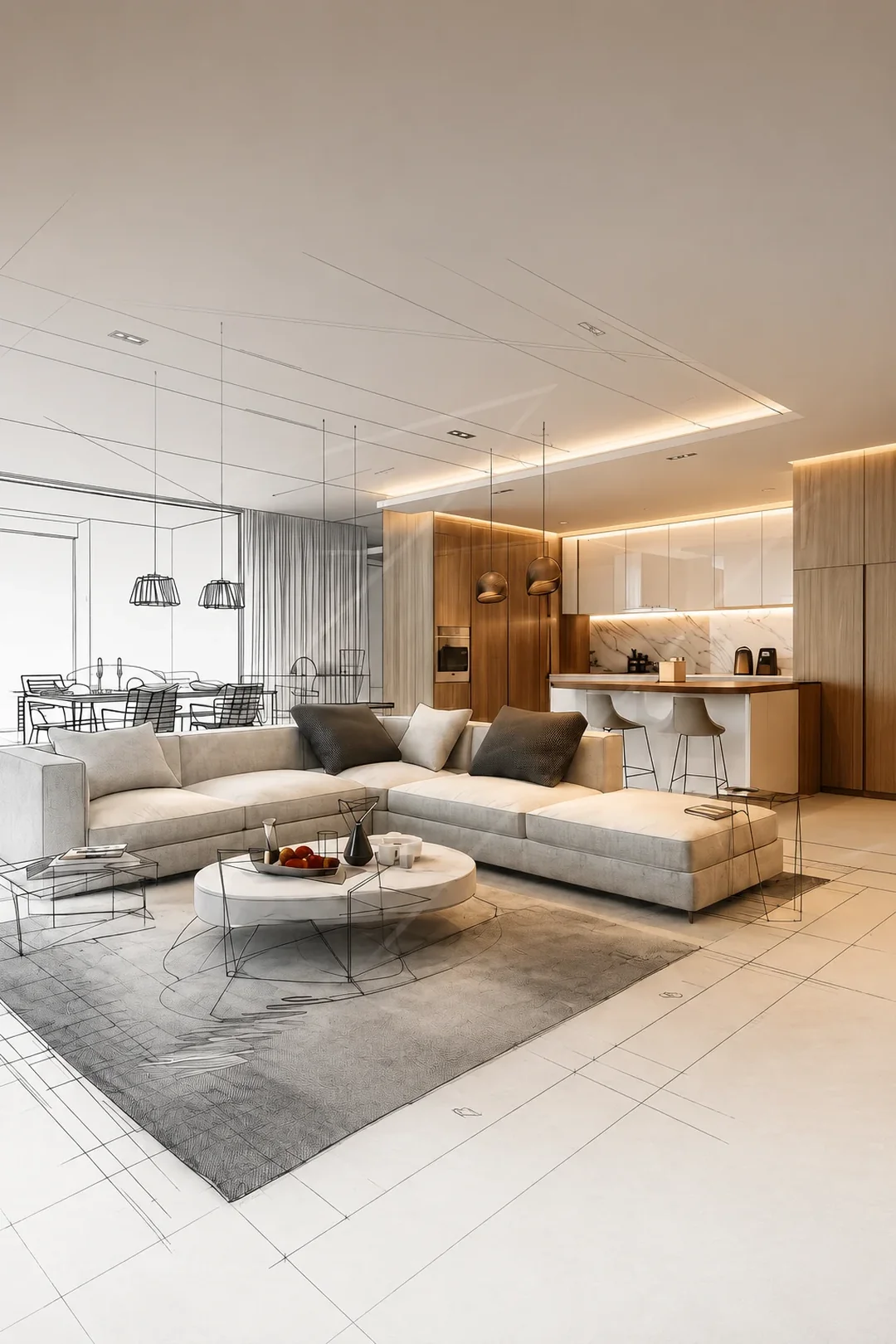 Interior fit-out by KovaiBuild, shown half as a design drawing and half as the finished living space