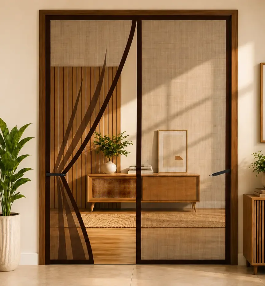 Mesh screen door fitted across a home doorway, one leaf swept open