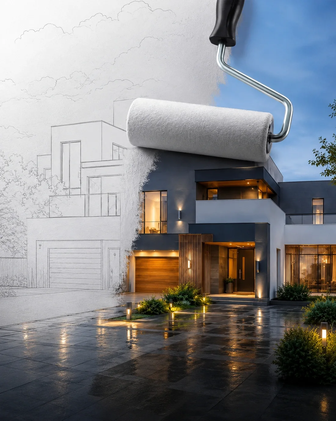 Modern house shown half as a line drawing and half as the finished painted exterior