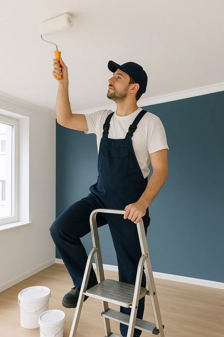 Painter rolling a fresh coat onto an interior ceiling beside a teal wall