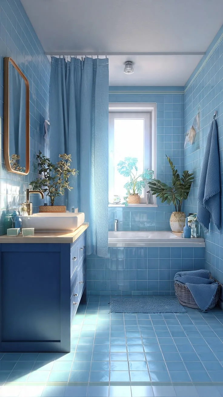 Blue tiled bathroom with matching floor and wall tiles