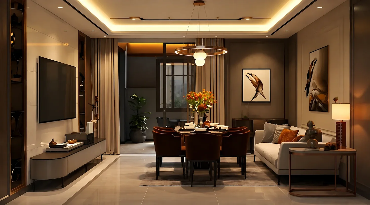 Large-format tiled floor in a warmly lit living and dining space